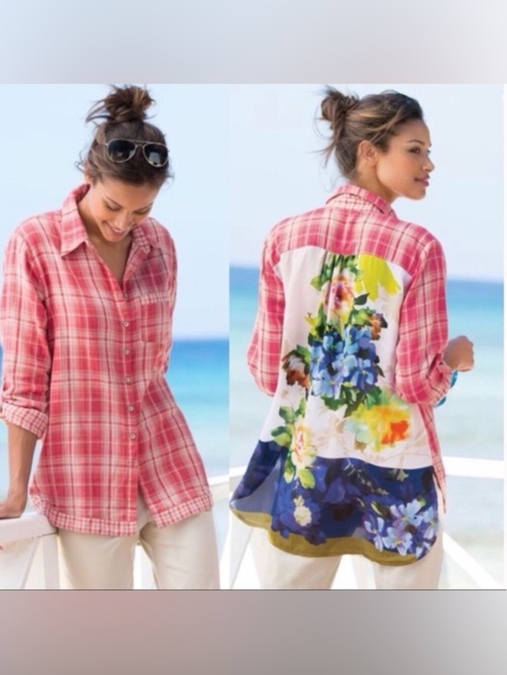 Soft Surroundings Kaolin Pink Plaid Floral Shirt Medium Artsy Coastal Pop art